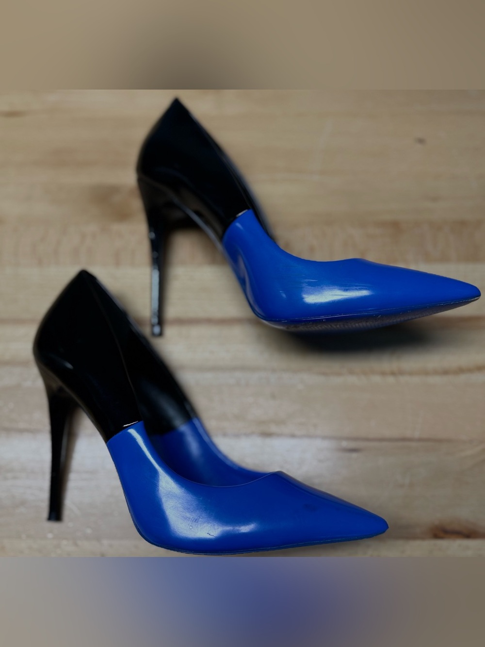 Aldo Blue and Black Pointed Patent Stiletto Heels